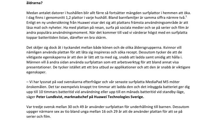 Ny undersökning från Huawei:  Läsa mail, nyheter och ha med på resan – det använder svenskarna surfplattor till