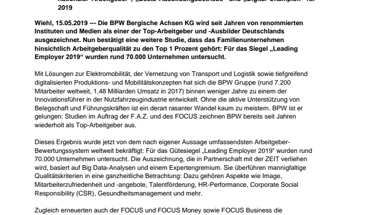 Neue Studie: BPW gehört zu den Top 1 Prozent der deutschen Arbeitgeber 