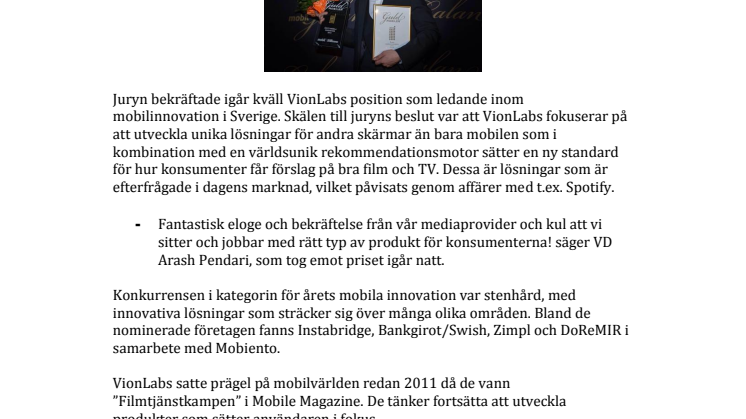 VionLabs utsedda till vinnare av Guldmobilen 2013! 