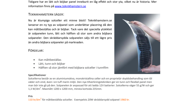 TEKNIKHAMSTERN.SE LANSERAR SKRÄDDARSYDDA BÖJBARA SOLPANELER 