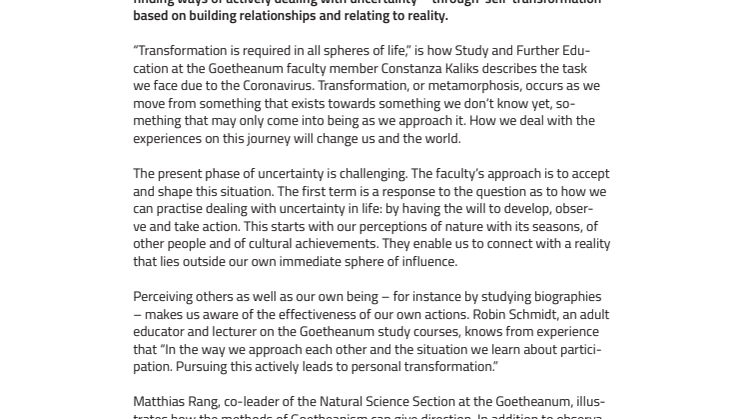 “Transformation is required in all spheres of life”: A new focus for the first term of the academic year 2020/21 at the Goetheanum