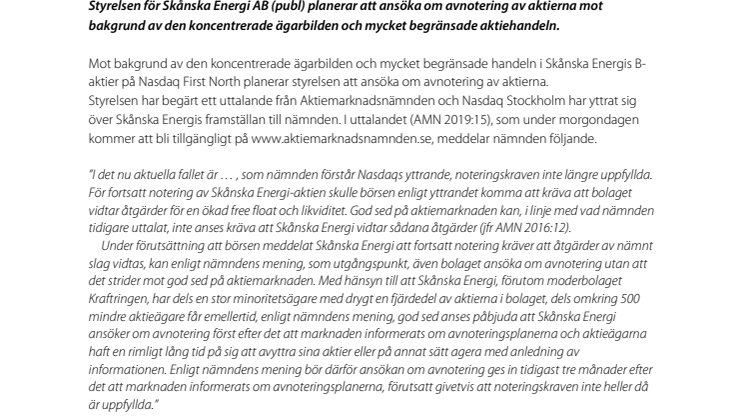 Skånska Energis styrelse planerar att ansöka om avnotering