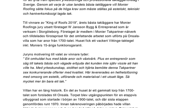 Årets tak finns i Onsala! W Jansson Bygg & Entreprenad vinner Monier Roofings tävling King of Roofs 2019.