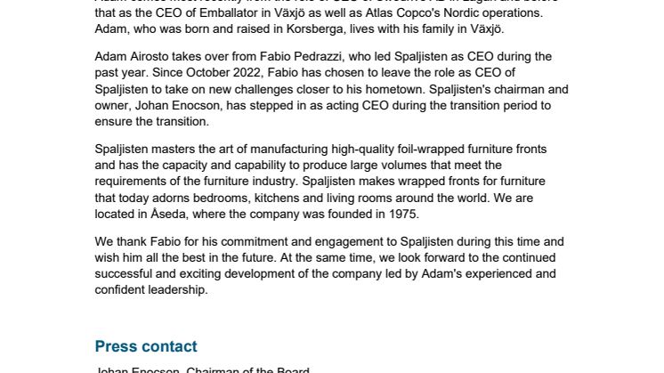 Adam Airosto the new CEO of Spaljisten AB