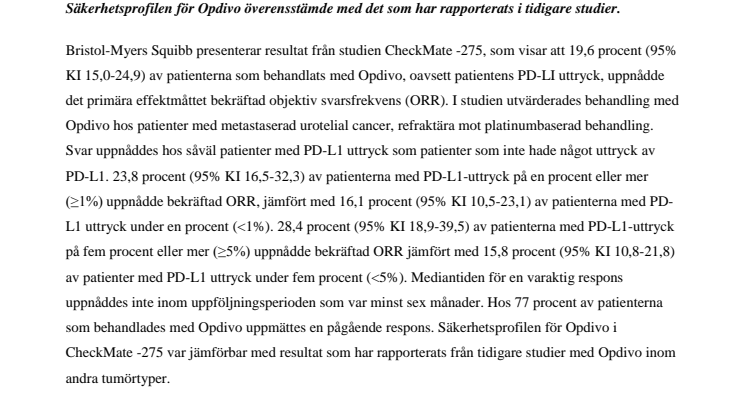 Resultat från den pivotala fas III-studien CheckMate -141 visar att Opdivo® (nivolumab) stabiliserar patientrapporterade livskvalitetsdata hos tidigare behandlade patienter med återfall eller metastaserad huvud-hals-cancer av skivepiteltyp