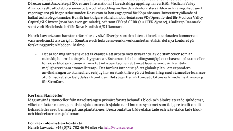 Danska StemCare flyttar in på Medeon och rekryterar life science specialist