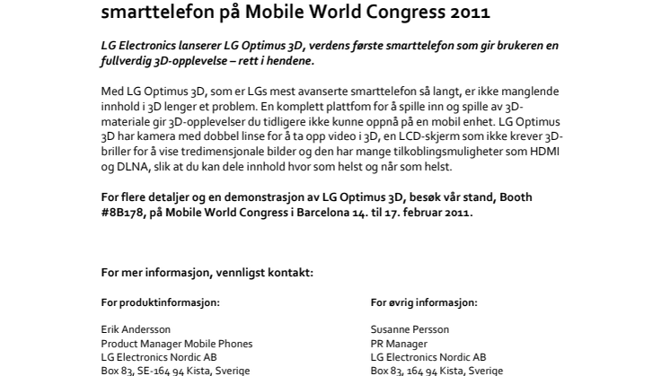 LG lanserer verdens første fullverdige 3D smarttelefon på Mobile World Congress 2011