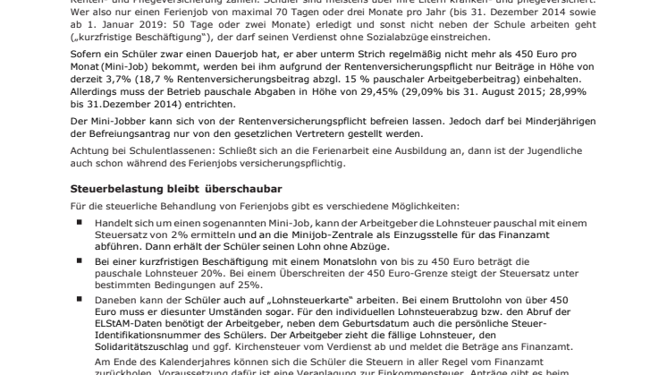 Ferienjobs – Hinweis zur steuerlichen und versicherungsrechtlichen Behandlung