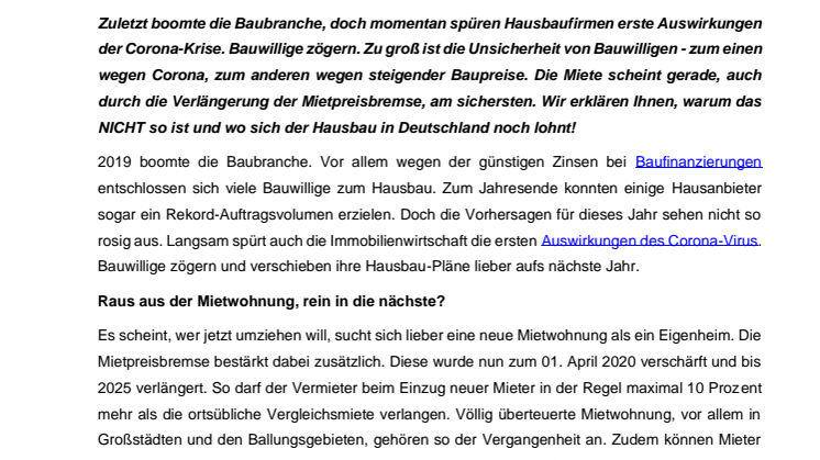 Miete oder Eigenheim - Lohnt sich der Hausbau noch in Zeiten der Corona-Krise?