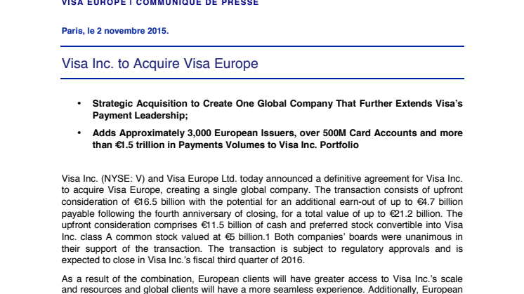 Visa Inc. to Acquire Visa Europe
