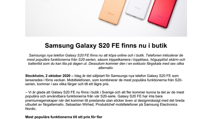 Samsung Galaxy S20 FE finns nu i butik