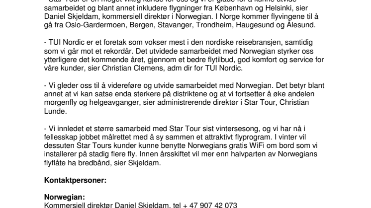 Norwegian og Star Tour inngår ny storavtale 