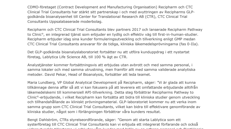 Recipharm avyttrar bioanalysenhet till Center for Translational Research AB och stärker befintligt partnerskap med CTC Clinical Trial Consultants AB 