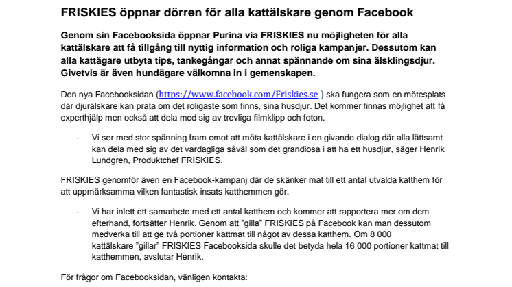 FRISKIES öppnar dörren för alla kattälskare genom Facebook