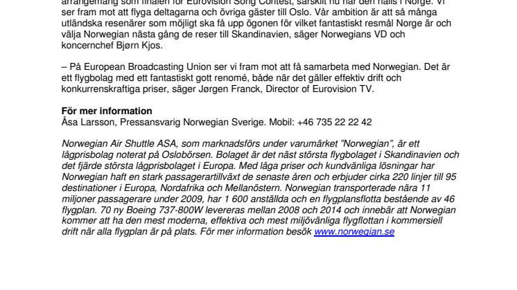 Eurovision Song Contest väljer Norwegian till officiellt flygbolag 