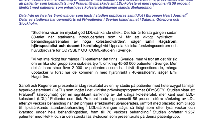 Sanofi och Regeneron presenterar nya positiva data från fas 3-studier av Praluent® (alirocumab) på ESC-kongressen i London