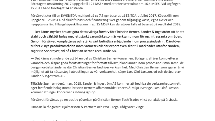 Christian Berner Tech Trade AB (publ) förvärvar Zander & Ingeström AB