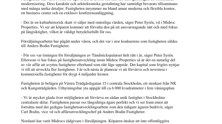 Midroc säljer fastigheten Tändstickspalatset i Stockholm