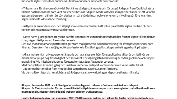 Ridsport och Hästlycka höjer nivån för hästannonsering