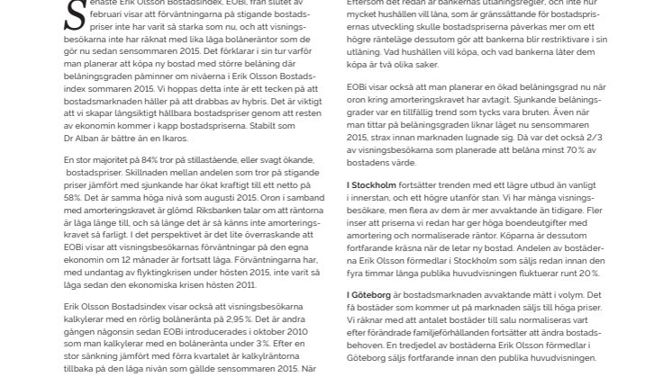 Erik Olsson Fastighetsförmedling kommenterar bostadsmarknaden 14 mars 2017