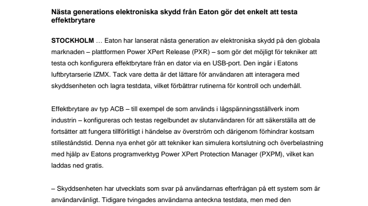 Nästa generations elektroniska skydd från Eaton gör det enkelt att testa effektbrytare