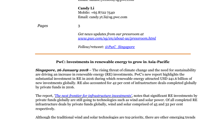 PwC: Investments in renewable energy to grow in Asia-Pacific
