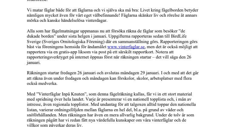Snart dags för Sveriges största fågelräkning - BirdLife Sveriges ”Vinterfåglar Inpå Knuten” 26 – 29 januari 2018