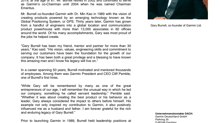 Garmin announces passing of Co-founder and Chairman Emeritus Gary Burrell  
