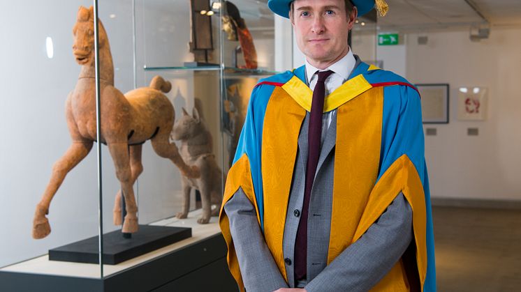 Dr Tristram Hunt in the Woon Gallery of Asian Art at Northumbria