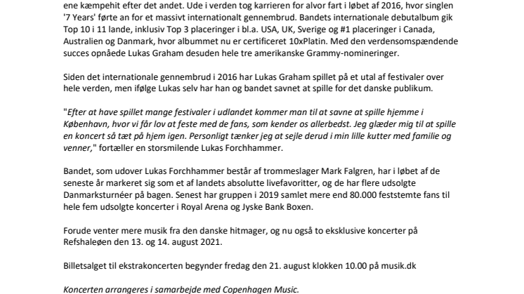 LUKAS GRAHAM ANNONCERER EKSTRAKONCERT PÅ REFSHALEØEN I KØBENHAVN