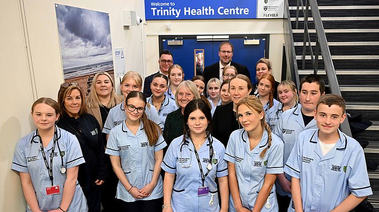 Bede Academy Trinity Health Centre launch event with first cohort, Bede Academy teaching staff, Marion Dickson and Helen Bower
