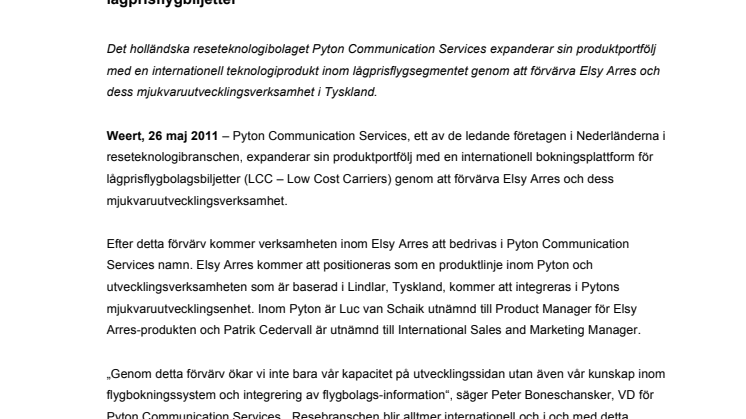 Holländsk marknadsledare etablerar sig på den internationella reseteknologimarknaden genom förvärv av bokningsteknologibolag för lågprisflygbiljetter