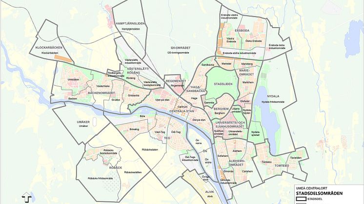 Stadsdelar i Umeå. Bifogat finns en högupplöst karta och en förteckning med alla namn.