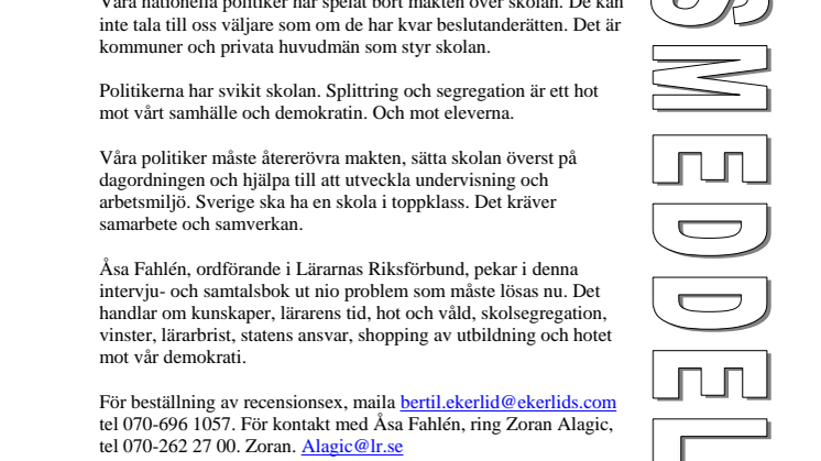 Ny bok: Politiken sviker skolan av Åsa Fahlén, Lärarnas Riksförbund