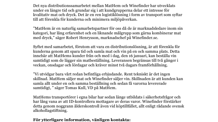 ​Winefinder.se och MatHem.se i nytt distributionssamarbete