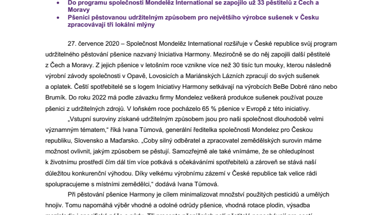 Přibývá českých zemědělců zapojených do Iniciativy Harmony pro udržitelné pěstování pšenice