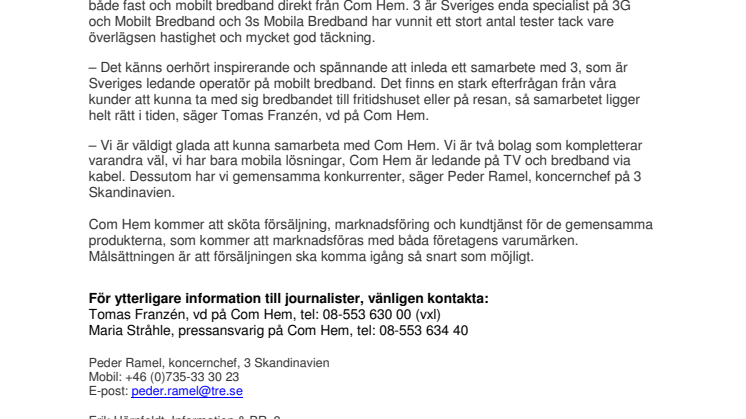 Com Hem och 3 inleder samarbete om mobilt bredband
