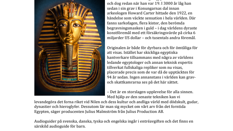 Tutankhamun-utställning öppnar i Stockholm i november