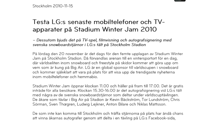 Testa LG:s senaste mobiltelefoner och 3D-TV på Stadium Winter Jam 2010