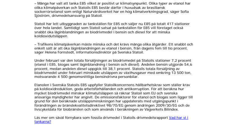 Minskad försäljning av E85 under februari