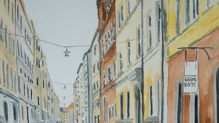 Målat av Petter själv föreställande Kocksgatan på Södermalm i Stockholm