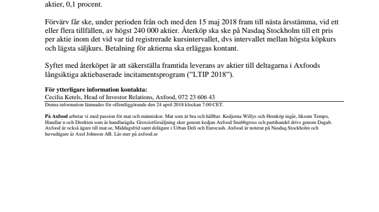 Axfoods styrelse har beslutat om återköp av egna aktier