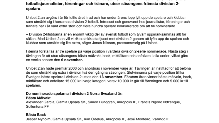 Norra Svealands bästa spelare i division 2-fotbollen nominerade