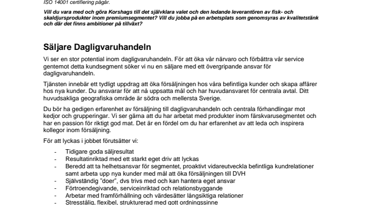 Annons säljare Dagligvaruhandeln