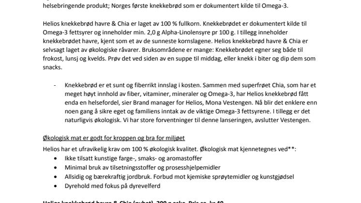 Nyhet! Helios lanserer Knekkebrød med havre & Chia, økologisk fullkorn.