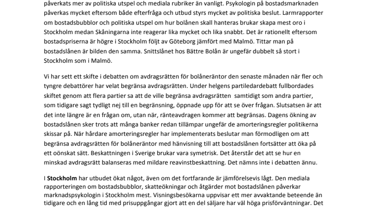 Erik Olsson Fastighetsförmedling kommenterar bostadsmarknaden 14 oktober 2015