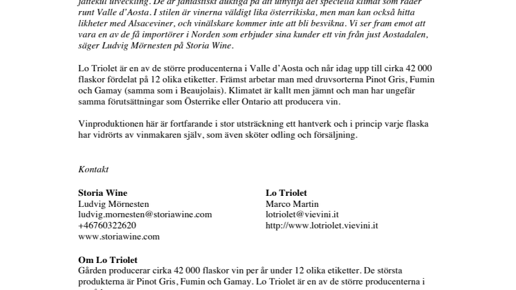 Ny producent hos Storia Wine - Lo Triolet från Valle d'Aosta