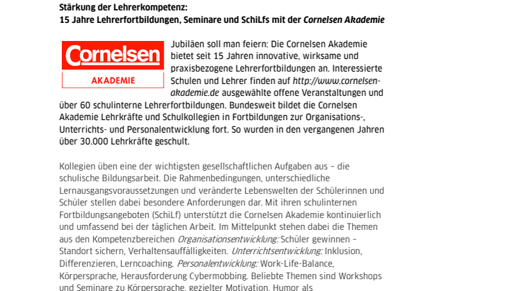Stärkung der Lehrerkompetenz:  15 Jahre Lehrerfortbildungen, Seminare und SchiLfs mit der Cornelsen Akademie