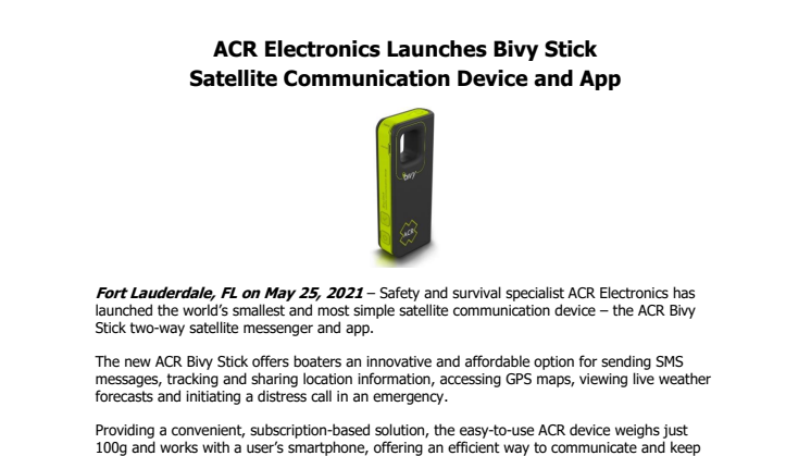 ACR Electronics Launches Bivy Stick Satellite Communication Device and App