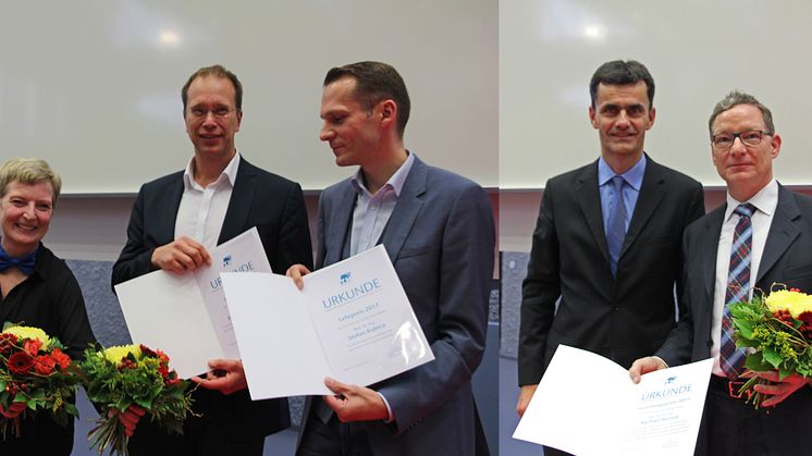 Laudatorin Prof. Ulrike Tippe, Lehrpreisträger Prof. Jörg Reiff-Stephan und Prof. Stefan Kubica / Laudator Prof. Ralf Vandenhouten und Forschungspreisträger Prof. Michael Herzog (v.l.n.r.).
